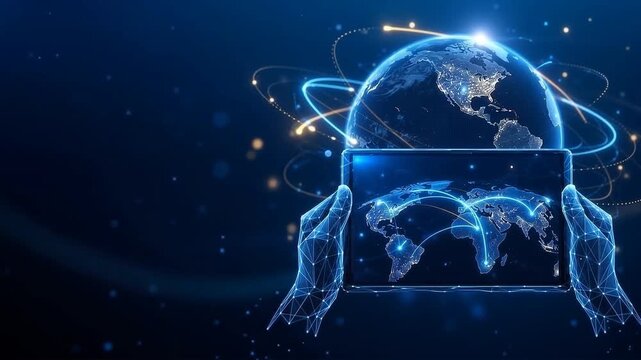 Low poly hands holding transparent screen with world map and glowing planet Earth, global network technology concept