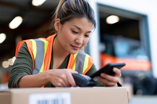Young Asian woman scanning package in warehouse setting