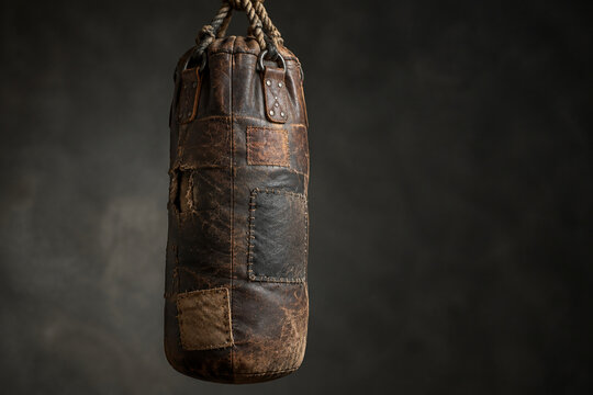 Heavily worn and patched leather punching bag hanging from a thick rope.