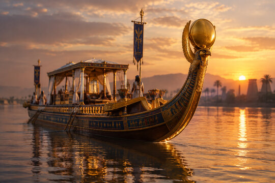 A majestic Nile barge with a gilded sun disk prow sailing at dusk on calm waters.