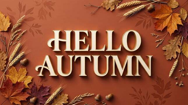 Hello autumn with leaves and acorns