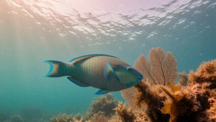 Fototapeta premium A digitally created parrotfish swims near coral in turquoise waters, bathed in natural sunlight, exuding serenity and vitality.