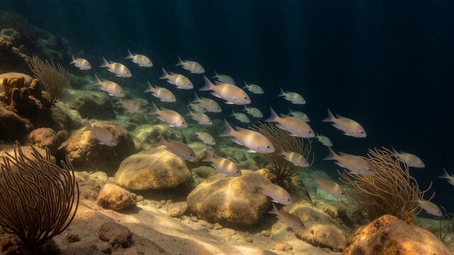 A school of yellowtail snapper swims in synchrony amidst coral reef's vibrant sea fans, bathed in warm natural light.