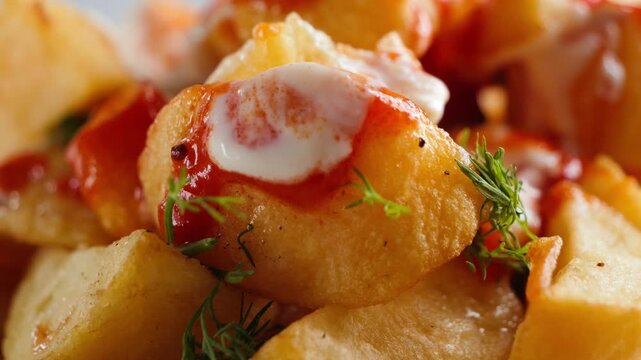 Close up of traditional Spanish patatas bravas served with spicy sauces, a popular tapas dish from Spain. High quality 4k footage