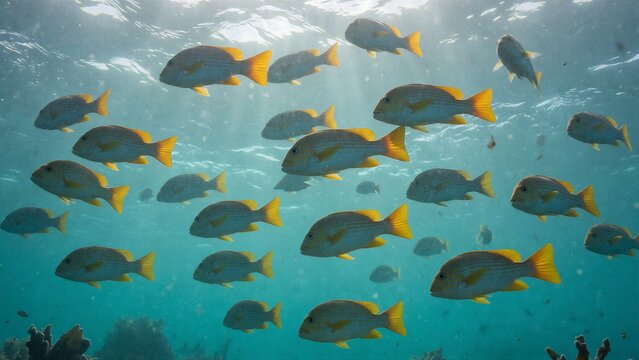 A digitally created school of fish resembling yellowtail snappers swims in a serene underwater scene with coral formations and sunlight rays.