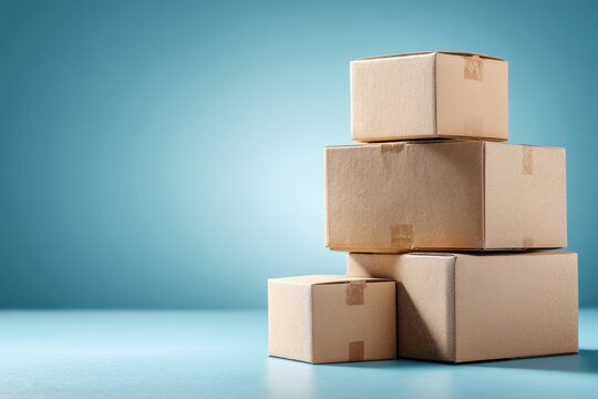 A stack of plain brown cardboard boxes is neatly arranged on a vibrant blue surface. This image is ideal for themes of logistics, shipping, delivery, and online shopping.