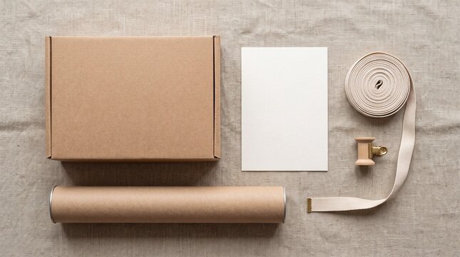 Packaging supplies with ribbon and twine lie in a neat flat lay. Gift wrapping and small business shipping for ecommerce and craft themes.
