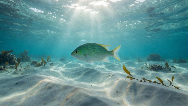 A Yellowtail Snapper swims horizontally in a serene underwater environment with sandy seabed and coral formations.