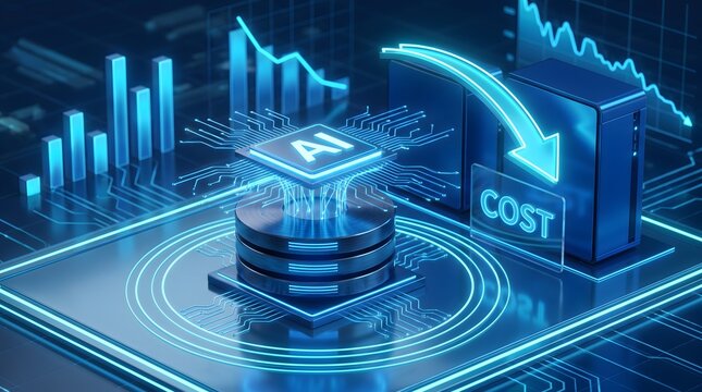 AI chip on data servers reducing costs with glowing circuits and digital charts
