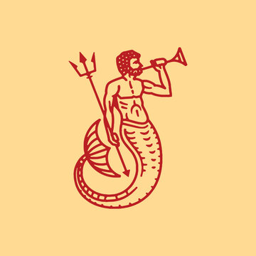Vintage vector illustration of a merman playing a trumpet with a trident sea god mythology creature illustration engraving instrument musician fictional powerful mystical minimalist