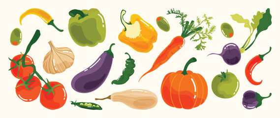 Fototapeta na wymiar Hand Drawn Vegetable Collection Vector with Tomato, Garlic, Eggplant, Carrot, Pumpkin, Pepper, Radish, Chili and Fresh Herbs for Healthy Food Illustration, Kitchen Decor, Grocery Print, Recipe Design