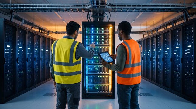 Two IT technicians in safety vests inspecting server racks with a tablet in a data center