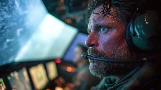 Military pilot in cockpit focused on night mission