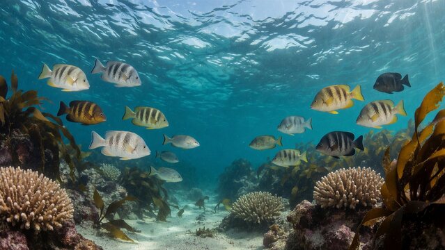 Vibrant underwater scene featuring Sergeant Major fish and other tropical reef species in a digitally created coral reef ecosystem.