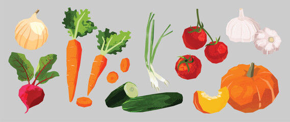 Fototapeta na wymiar Hand Drawn Vegetable Collection Vector with Onion, Carrot, Beetroot, Tomato, Garlic, Zucchini, Pumpkin and Fresh Greens for Healthy Food Illustration, Kitchen Decor, Market Print, Grocery Design