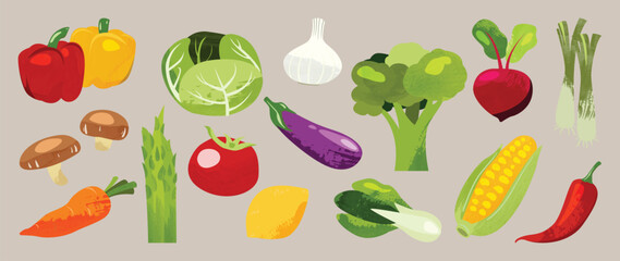 Fototapeta na wymiar Colorful Vegetable Collection Vector with Bell Pepper, Cabbage, Garlic, Broccoli, Beetroot, Eggplant, Corn, Mushroom and Fresh Greens for Healthy Food Illustration, Kitchen Decor, Grocery Design