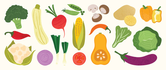 Fototapeta na wymiar Colorful Vegetable Collection Vector with Broccoli, Corn, Mushroom, Cabbage, Eggplant, Onion, Pepper, Tomato, Squash and Leafy Produce for Healthy Food Illustration, Kitchen Print, Grocery Design