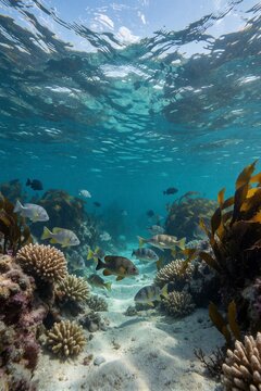 Vibrant underwater ecosystem teeming with various small to medium-sized reef fish swimming among coral formations and kelp in a serene ocean scene.