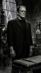 Fototapeta premium Man in monster costume with stitched face and bolts on neck standing in dark gothic laboratory with lightning outside window.