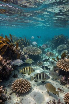Vibrant coral reef ecosystem in turquoise waters teems with life, featuring striped grunt, sergeant major, and yellowtail snapper fish amidst a bumpy coral reef.