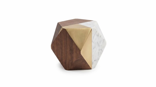 Geometric wooden and brass polyhedron sculpture combined with white marble texture on white background