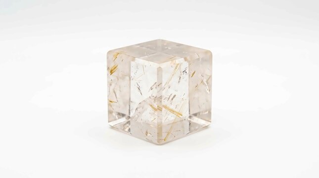 Rutilated quartz cube gemstone with golden needle inclusions and polished transparent surfaces on white background