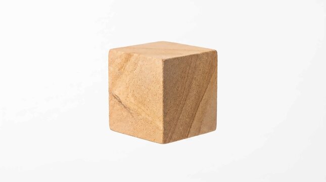Sandstone cube sculpture geometric block crafted from natural stone on white background