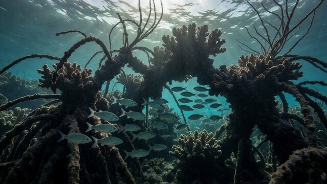 Vibrant coral reef ecosystem teeming with life in crystal-clear waters off a mangrove shoreline, capturing the majesty of underwater marine life from directly above.