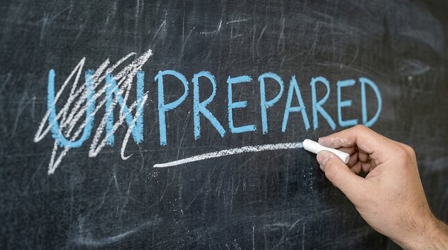 Unprepared to prepared concept, a hand erasing "UN" from "UNPREPARED" on a black chalkboard, symbolizing readiness and transformation, a visual metaphor for overcoming challenges and achieving