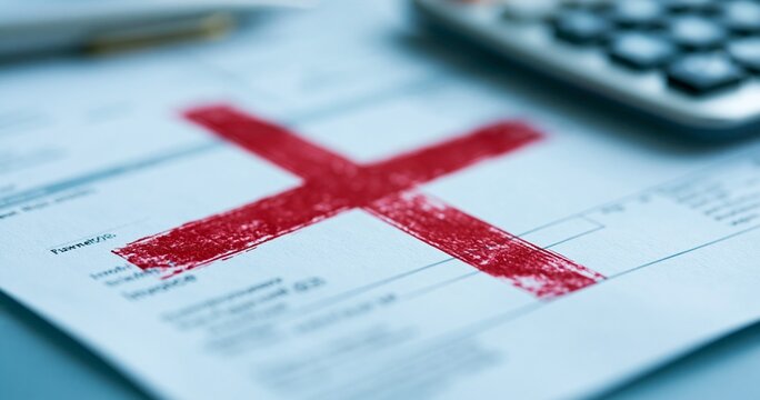 Red cross mark on financial document