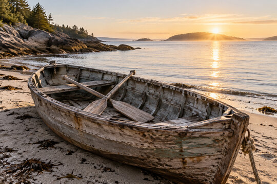Old weathered wooden skiff on a sandy shore with crossed oars.