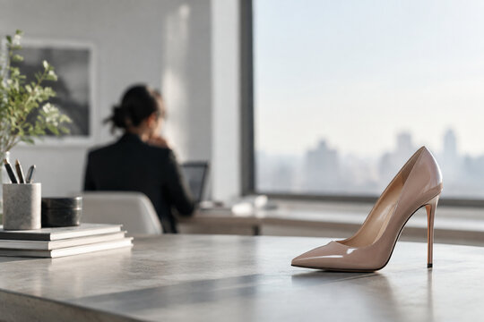 Unrecognizable figure in background, high-heeled shoe on desk, composed workspace concept
