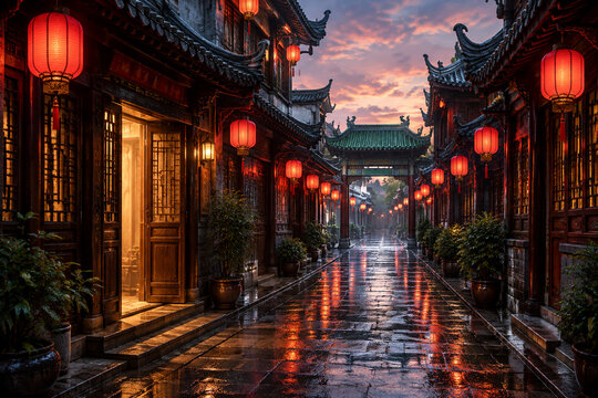 Chinatown lane at dusk with red lanterns and Chinese-style buildings with tiled eaves, wet street and green arch