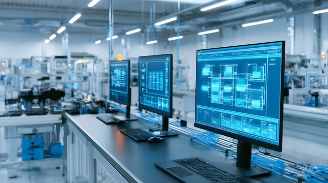 Modern factory control room with multiple monitors displaying technical schematics and production data in a clean  organized environment