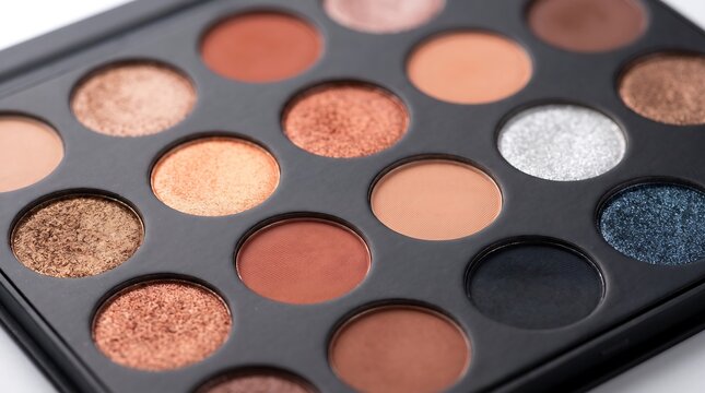 Cosmetic eyeshadow palette featuring metallic shimmering copper gold and matte earth tones for professional makeup application and vibrant beauty looks.
