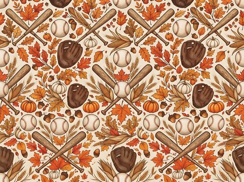 Detailed fall baseball pattern with gloves and autumn leaves on cream background for textile print.