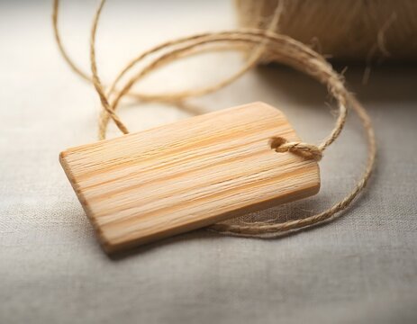 Small Rectangular Natural Wood Tag Attached to Simple Wrapping Cord, Sustainable Reusable Gift Label and Eco Friendly Packaging Concept