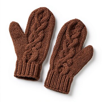 Pair of brown knitted mittens with braided pattern