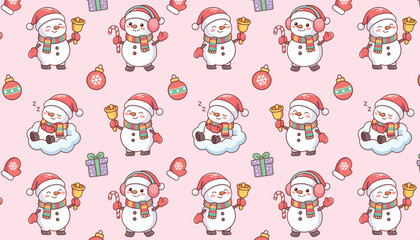 Fototapeta premium Cute Christmas Snowman Repeating Pattern Pink Background