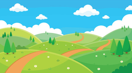 Obraz premium Cartoon illustration of green rolling hills with winding dirt paths and pine trees under a blue sky