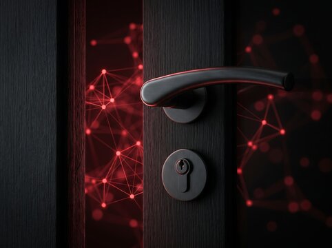 Cybersecurity concept with dark door ajar and metal handle revealing glowing red network connections, data breach, hacking threat, digital security risk, unauthorized access scene