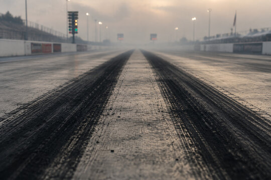Two dark burnout marks stretching down a concrete drag strip.