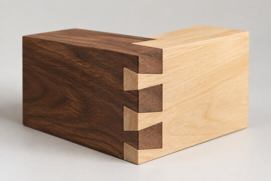 Two interlocking wooden dovetail joints forming a seamless rectangle, minimalist.