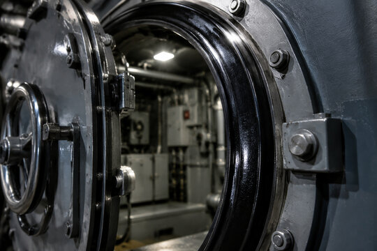 Close-up of a submarine hatch with a rubber gasket.
