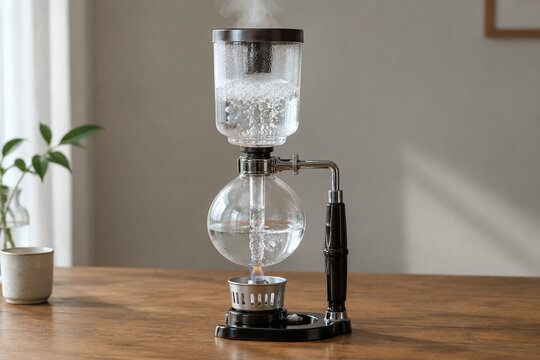 Transparent siphon coffee maker on a wooden table with steam and rising water.