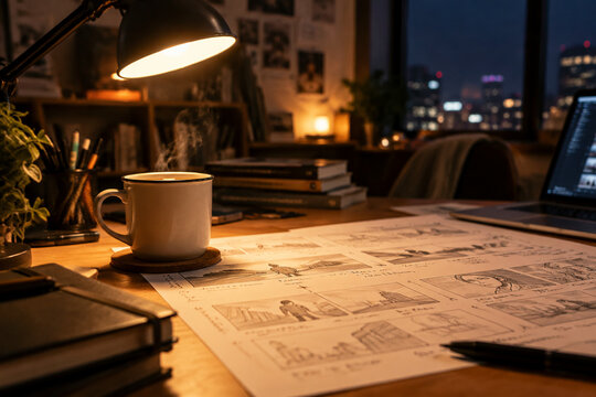 Desk lamp glow over coffee cup and storyboard sketches in a late night study room.