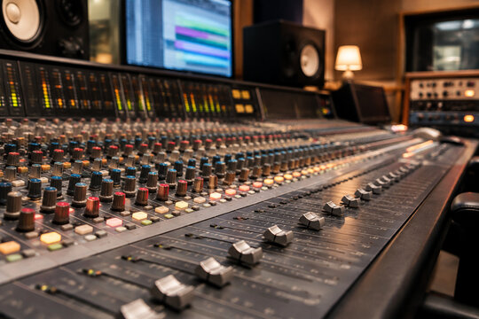 Professional recording studio mixing console with rows of knobs and faders.