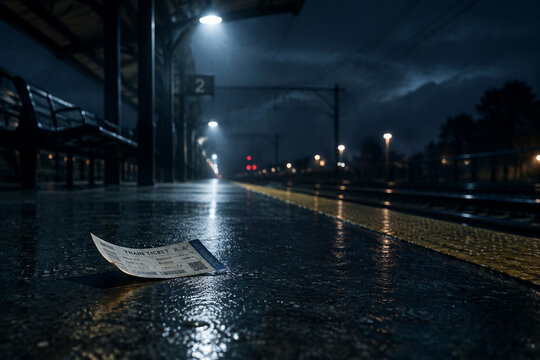 An empty night train platform with a paper ticket under a single light.