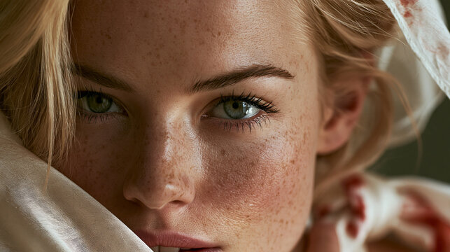 Extreme close up portrait of young blonde woman with detailed freckles and green eyes