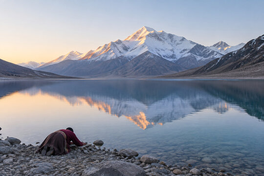 A figure prostrates on the shore of an alpine lake towards a distant mountain.